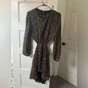 paisley open-back black and orange dress with sheer sleeves